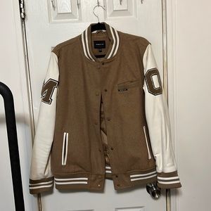 Brown and white Members Only lettermen bomber jacket, size large